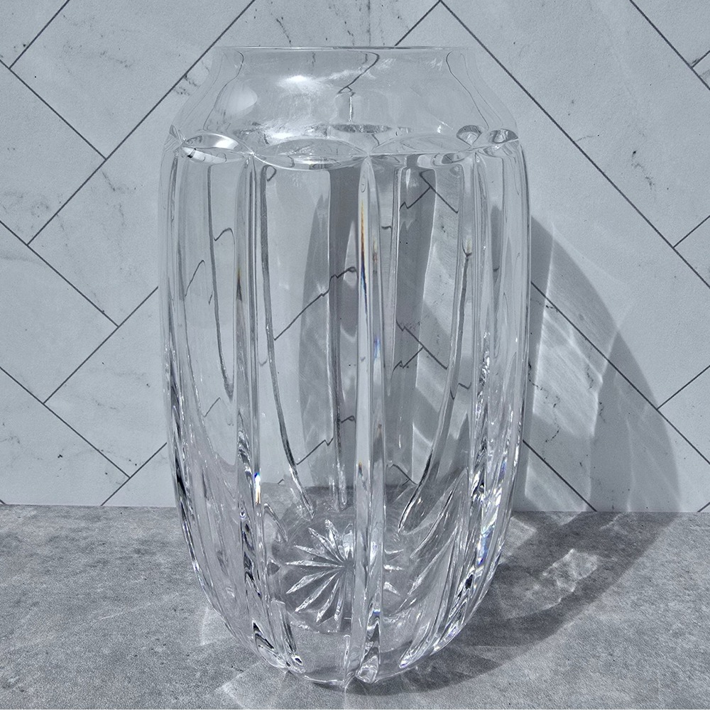 Atlantis Signed Crystal Vase Portuguese Lead Glass Vertical Cut Starburst Base